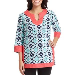 Simply Southern Blue Coral Pink Geometric Flower Print Punic Top Medium